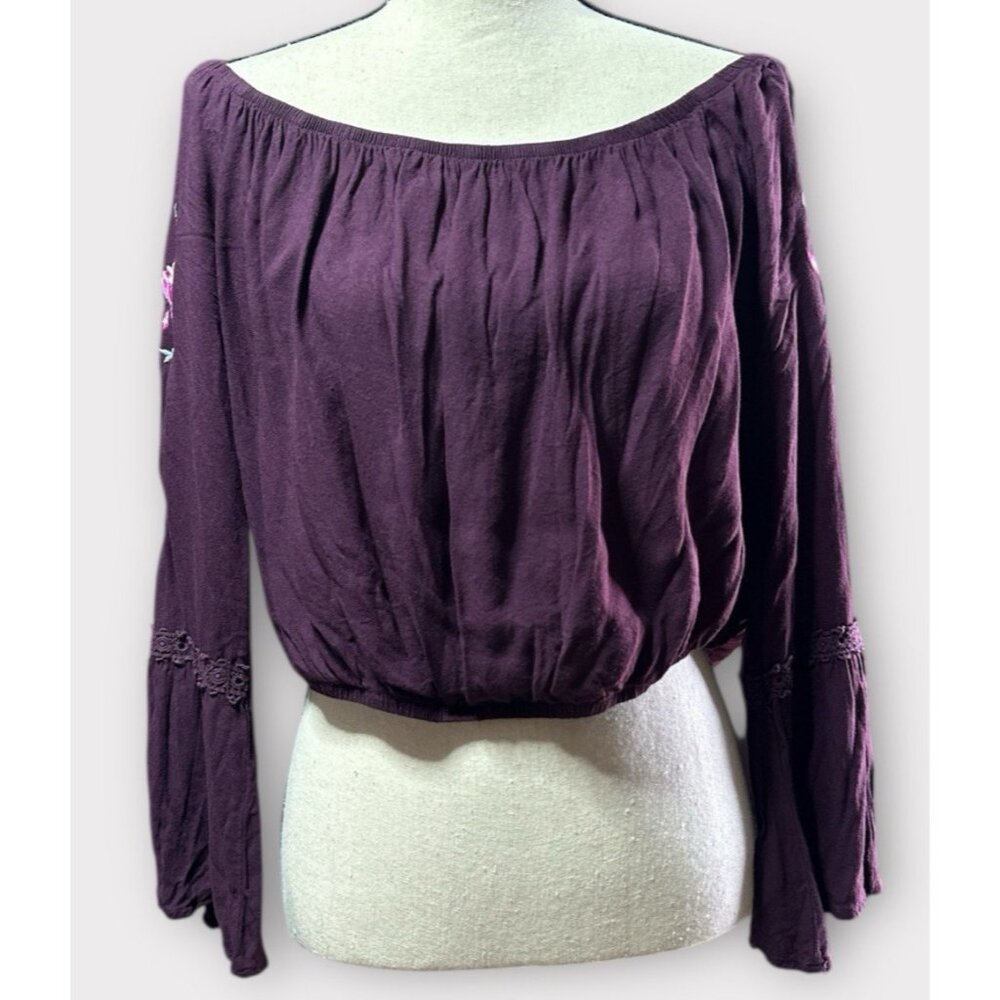 Xhilaration Womens Top Size XL Off Shoulder Embroidered Floral Purple Crop Retro